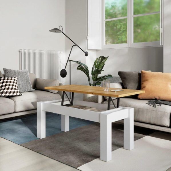 Mesa de centro elevable roble y blanca