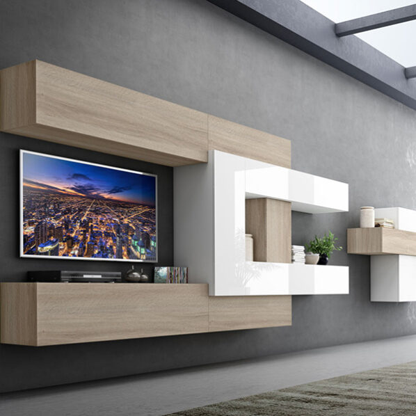 Mueble de salón elevado en madera y blanco