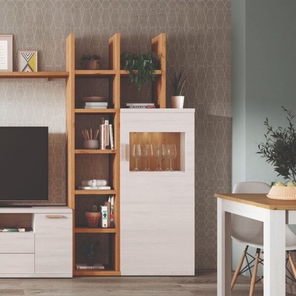 Mueble de salón apilable con vitrinas y librería 718