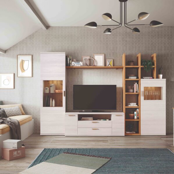 Mueble de salón apilable con vitrinas y librería 718