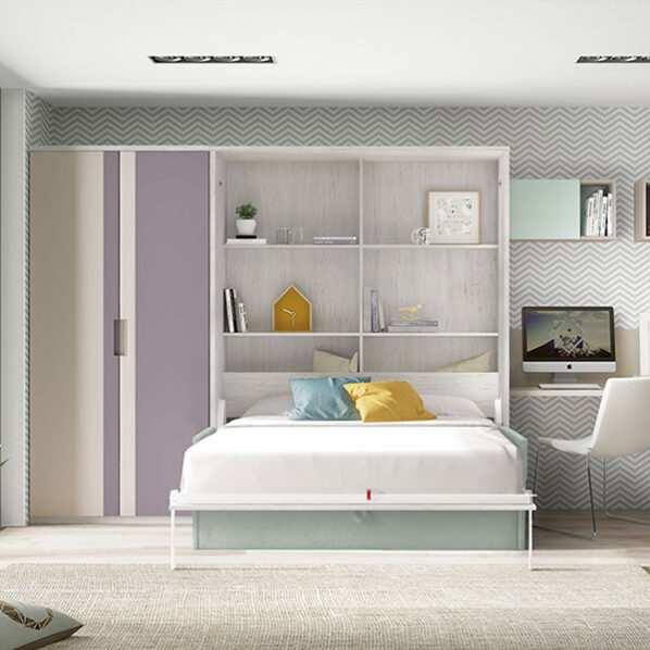 Dormitorio juvenil abatible en madera y azul nube