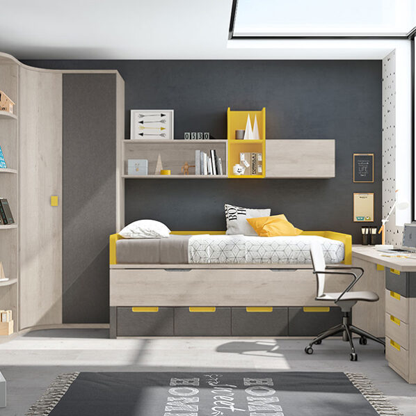 Dormitorio juvenil en madera y ocre