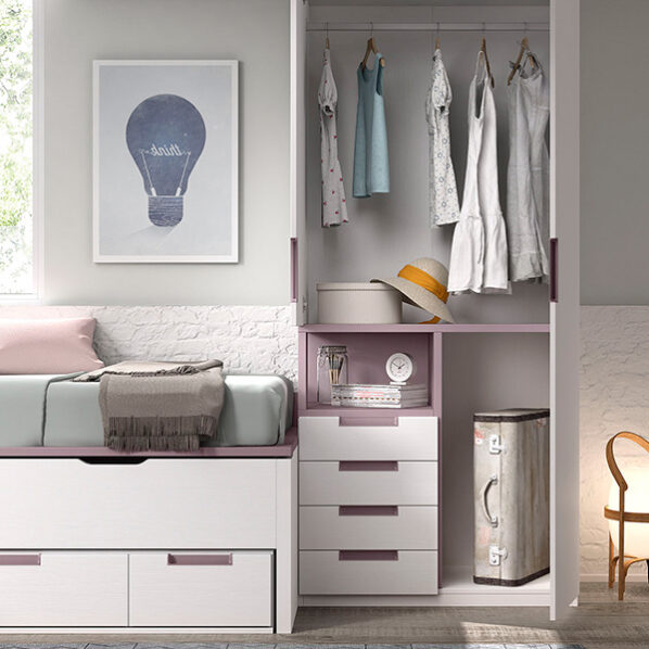 Dormitorio juvenil en madera color polar, lila y gris