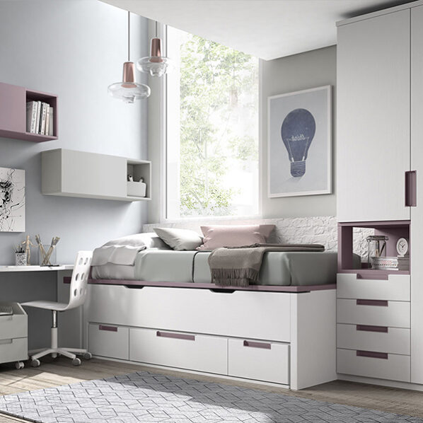 Dormitorio juvenil en madera color polar, lila y gris