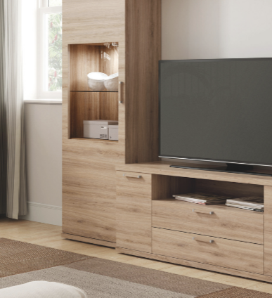 Mueble de salón apilable en madera con vitrinas
