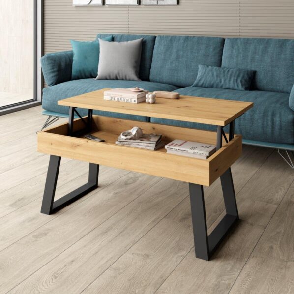 MESA DE CENTRO ELEVABLE MADERA Y PATA METÁLICA