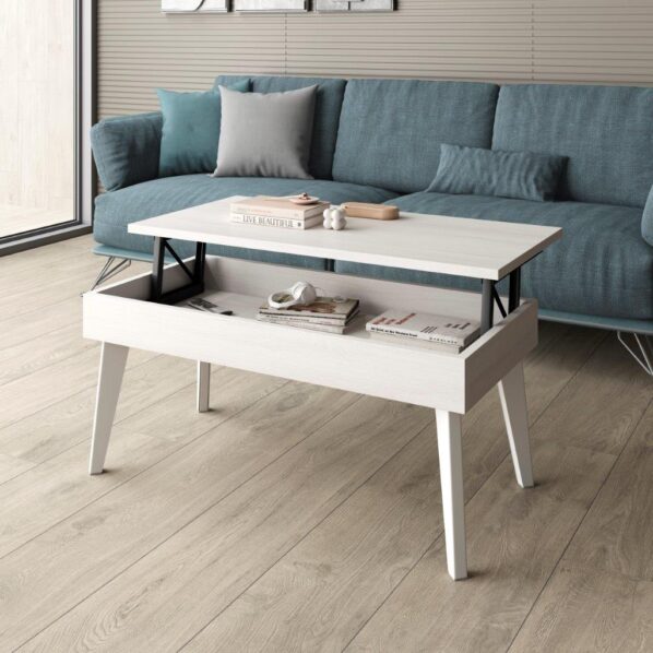 MESA DE CENTRO ELEVABLE EN MADERA Y PATA METÁLICA