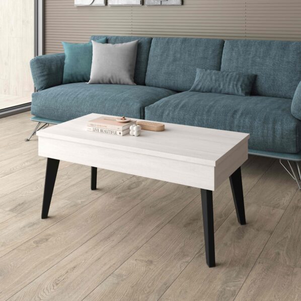MESA DE CENTRO ELEVABLE EN MADERA Y PATA METÁLICA