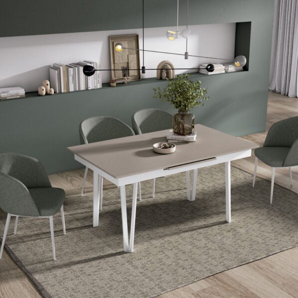 Mesa de comedor extensible LUME cerrada con sillas verdes