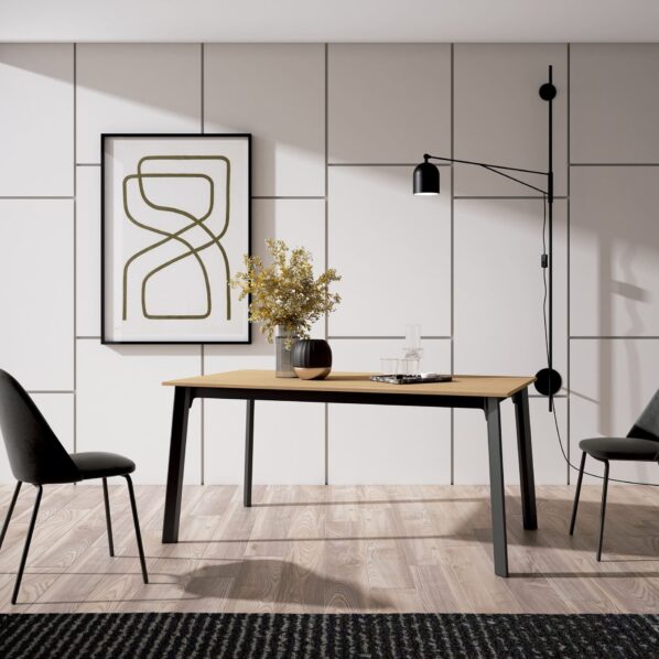 Mesa de comedor extensible DROP estilo industrial roble y negro.
