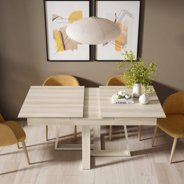 Detalle de la apertura central de la mesa extensible HORIZON