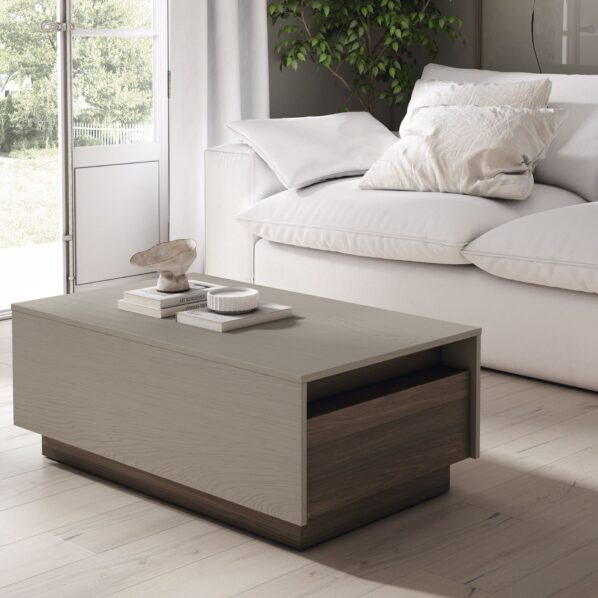 Mesa de centro moderna cerrada en salón minimalista junto a sofá blanco.