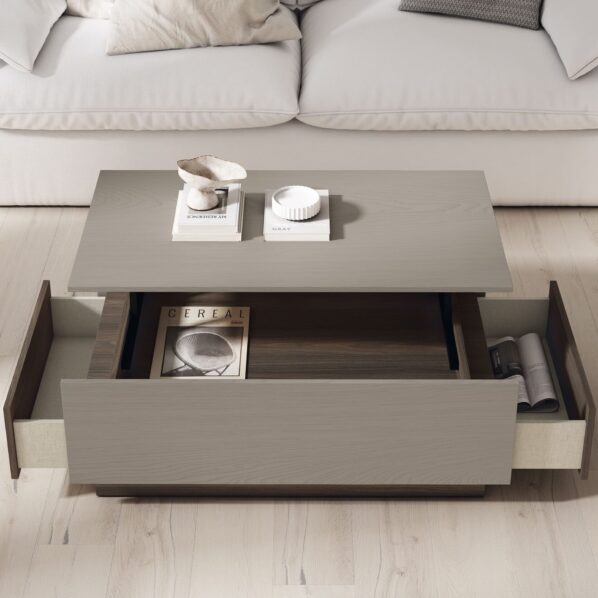 Mesa de centro elevable abierta mostrando cajones laterales y compartimento interno con revistas