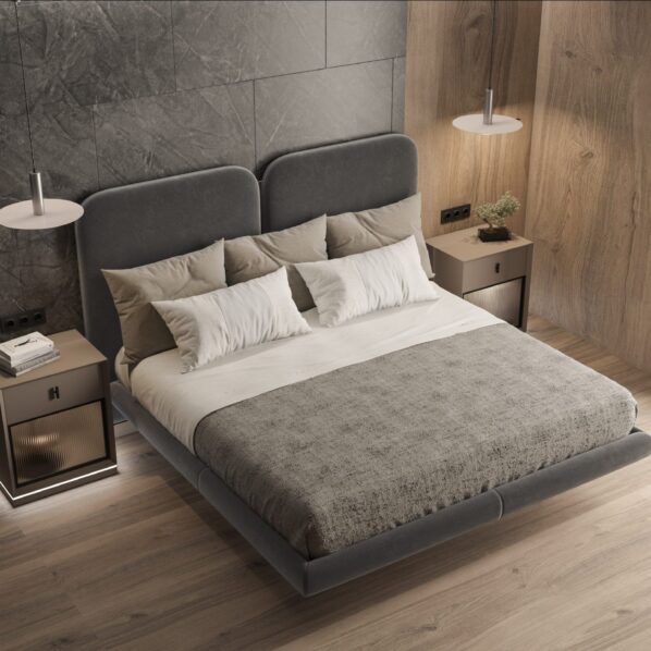 Dormitorio moderno Siena con cama flotante gris, mesitas de noche visón con cristal acanalado y luz LED.
